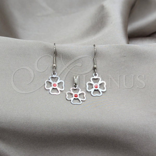 Stainless Steel Earring and Pendant Adult Set, Flower Design, Red Enamel Finish, Steel Finish, 10.63.0636