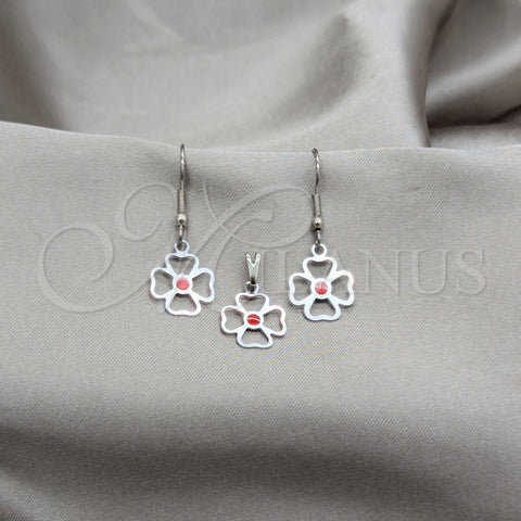Stainless Steel Earring and Pendant Adult Set, Flower Design, Red Enamel Finish, Steel Finish, 10.63.0636
