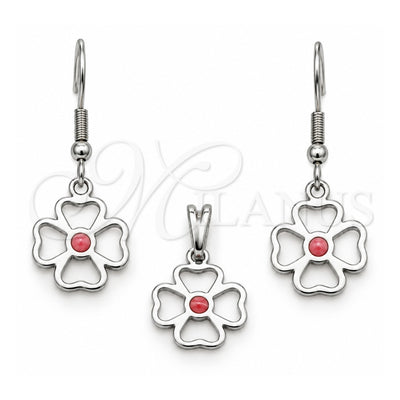 Stainless Steel Earring and Pendant Adult Set, Flower Design, Red Enamel Finish, Steel Finish, 10.63.0636
