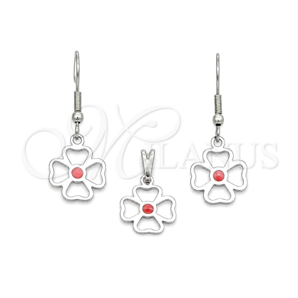 Stainless Steel Earring and Pendant Adult Set, Flower Design, Red Enamel Finish, Steel Finish, 10.63.0636
