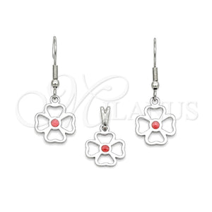 Stainless Steel Earring and Pendant Adult Set, Flower Design, Red Enamel Finish, Steel Finish, 10.63.0636