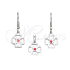 Stainless Steel Earring and Pendant Adult Set, Flower Design, Red Enamel Finish, Steel Finish, 10.63.0636
