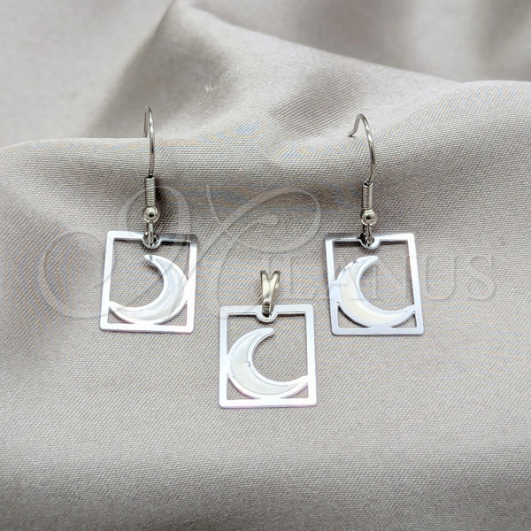 Stainless Steel Earring and Pendant Adult Set, Moon Design, White Enamel Finish, Steel Finish, 10.63.0637