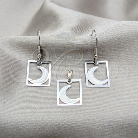Stainless Steel Earring and Pendant Adult Set, Moon Design, White Enamel Finish, Steel Finish, 10.63.0637