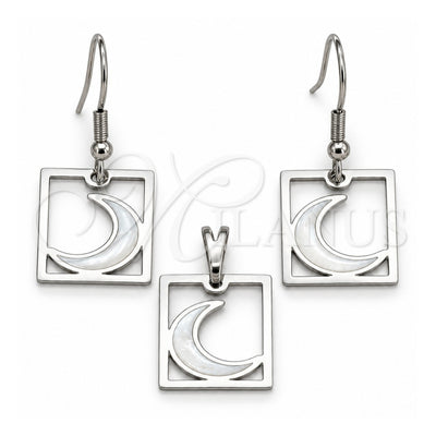 Stainless Steel Earring and Pendant Adult Set, Moon Design, White Enamel Finish, Steel Finish, 10.63.0637