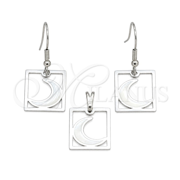 Stainless Steel Earring and Pendant Adult Set, Moon Design, White Enamel Finish, Steel Finish, 10.63.0637
