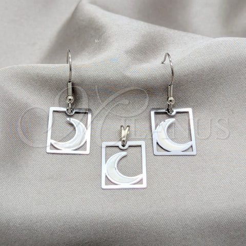 Stainless Steel Earring and Pendant Adult Set, Moon Design, White Enamel Finish, Steel Finish, 10.63.0637