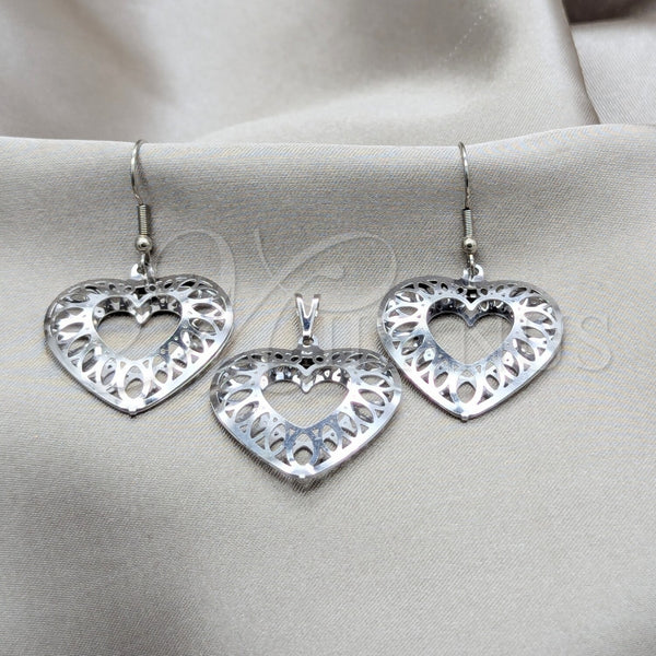 Stainless Steel Earring and Pendant Adult Set, Heart Design, White Polished, Steel Finish, 10.63.0637