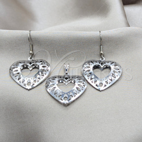 Stainless Steel Earring and Pendant Adult Set, Heart Design, White Polished, Steel Finish, 10.63.0637