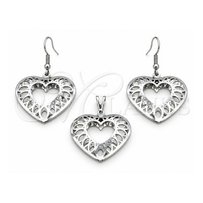 Stainless Steel Earring and Pendant Adult Set, Heart Design, White Polished, Steel Finish, 10.63.0637