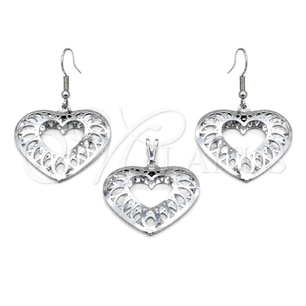 Stainless Steel Earring and Pendant Adult Set, Heart Design, White Polished, Steel Finish, 10.63.0637