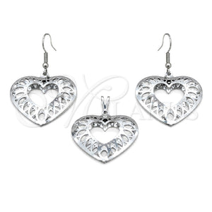 Stainless Steel Earring and Pendant Adult Set, Heart Design, White Polished, Steel Finish, 10.63.0637