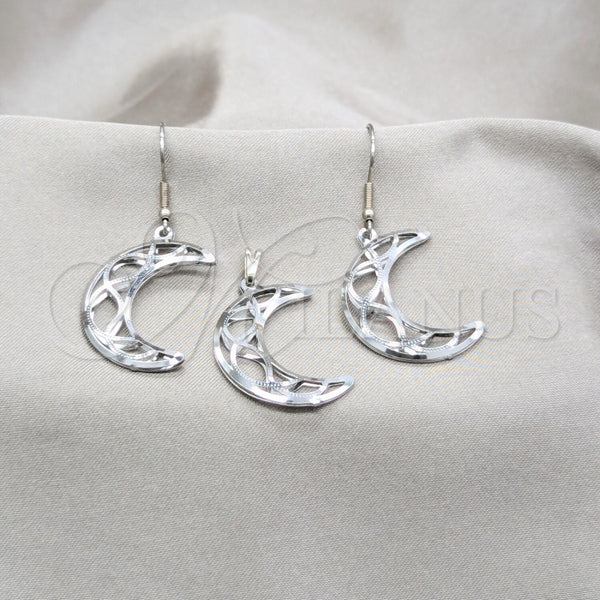 Stainless Steel Earring and Pendant Adult Set, Moon Design, White Polished, Steel Finish, 10.63.0638