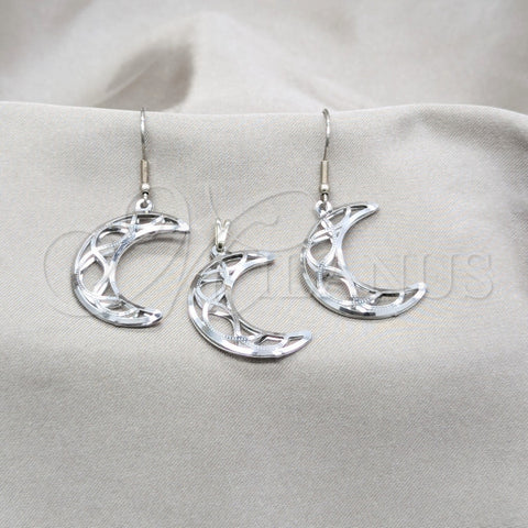 Stainless Steel Earring and Pendant Adult Set, Moon Design, White Polished, Steel Finish, 10.63.0638