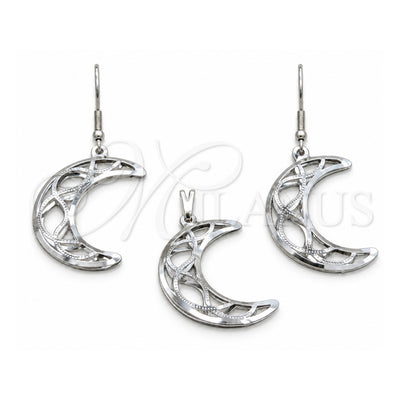 Stainless Steel Earring and Pendant Adult Set, Moon Design, White Polished, Steel Finish, 10.63.0638