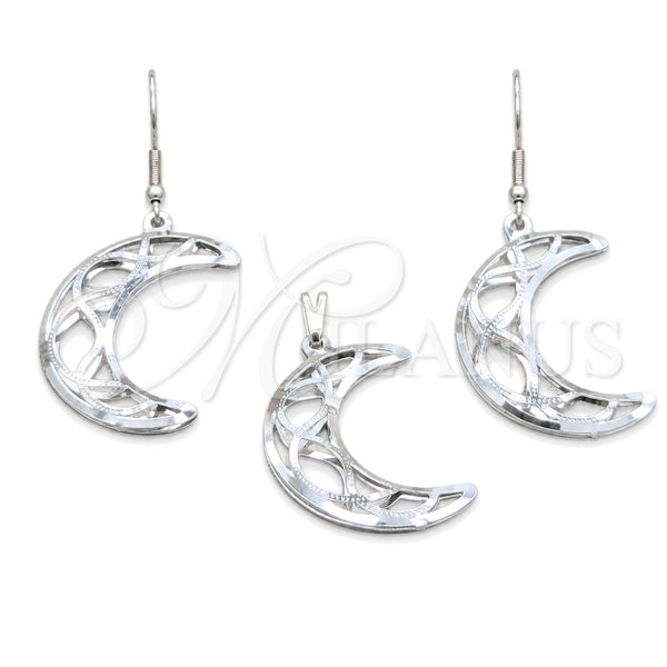 Stainless Steel Earring and Pendant Adult Set, Moon Design, White Polished, Steel Finish, 10.63.0638