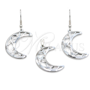 Stainless Steel Earring and Pendant Adult Set, Moon Design, White Polished, Steel Finish, 10.63.0638