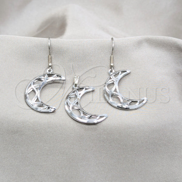Stainless Steel Earring and Pendant Adult Set, Moon Design, White Polished, Steel Finish, 10.63.0638