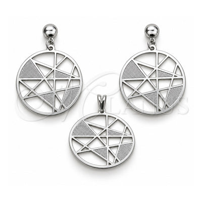 Stainless Steel Earring and Pendant Adult Set, Star Design, White Polished, Steel Finish, 10.63.0641