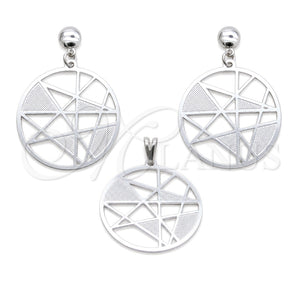 Stainless Steel Earring and Pendant Adult Set, Star Design, White Polished, Steel Finish, 10.63.0641