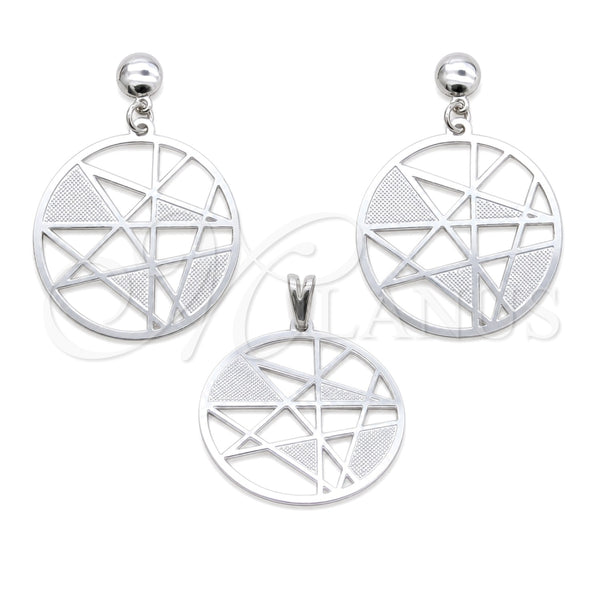 Stainless Steel Earring and Pendant Adult Set, Star Design, White Polished, Steel Finish, 10.63.0641