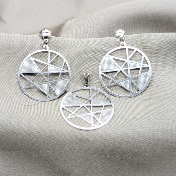 Stainless Steel Earring and Pendant Adult Set, Star Design, White Polished, Steel Finish, 10.63.0641