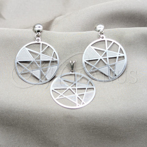 Stainless Steel Earring and Pendant Adult Set, Star Design, White Polished, Steel Finish, 10.63.0641