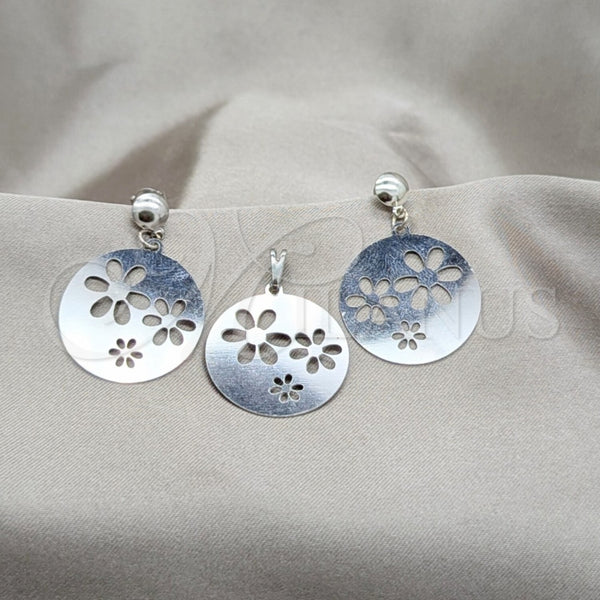 Stainless Steel Earring and Pendant Adult Set, Flower Design, White Polished, Steel Finish, 10.63.0642