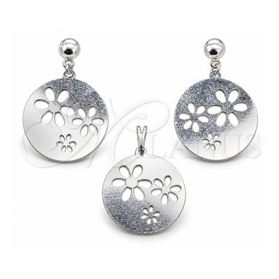 Stainless Steel Earring and Pendant Adult Set, Flower Design, White Polished, Steel Finish, 10.63.0642