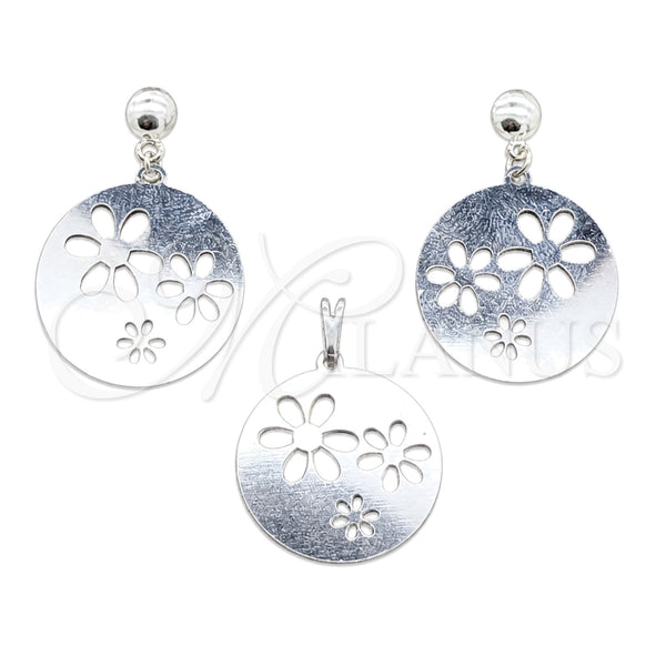 Stainless Steel Earring and Pendant Adult Set, Flower Design, White Polished, Steel Finish, 10.63.0642