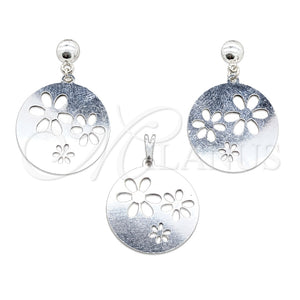 Stainless Steel Earring and Pendant Adult Set, Flower Design, White Polished, Steel Finish, 10.63.0642