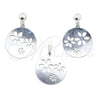 Stainless Steel Earring and Pendant Adult Set, Flower Design, White Polished, Steel Finish, 10.63.0642