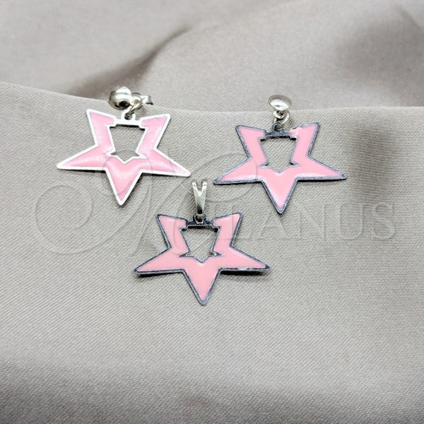 Stainless Steel Earring and Pendant Adult Set, Star Design, Pink Enamel Finish, Steel Finish, 10.63.0643