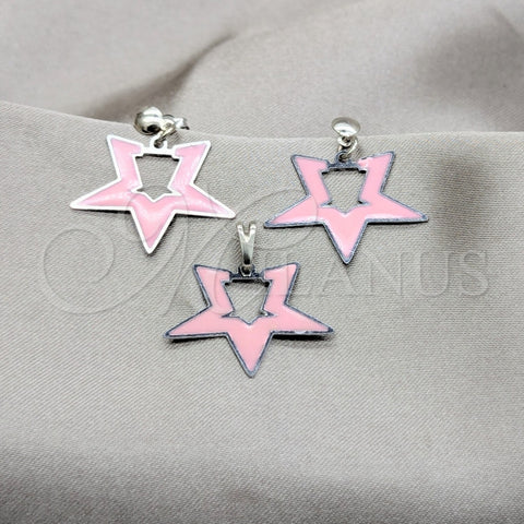 Stainless Steel Earring and Pendant Adult Set, Star Design, Pink Enamel Finish, Steel Finish, 10.63.0643
