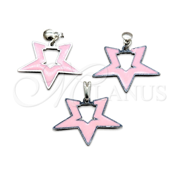 Stainless Steel Earring and Pendant Adult Set, Star Design, Pink Enamel Finish, Steel Finish, 10.63.0643