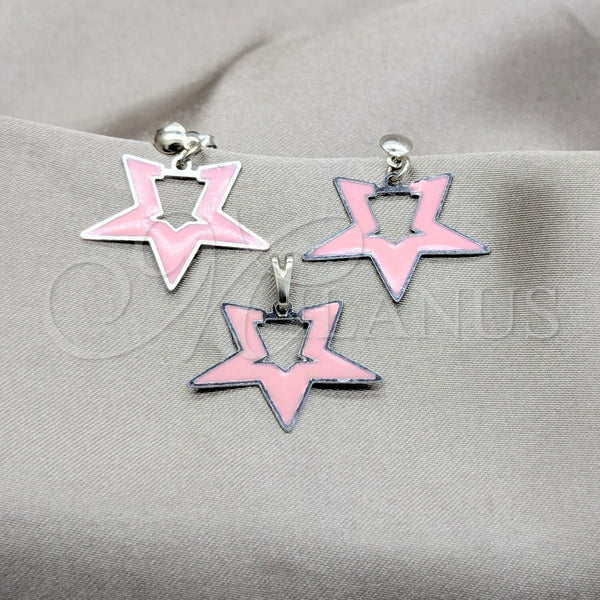 Stainless Steel Earring and Pendant Adult Set, Star Design, Pink Enamel Finish, Steel Finish, 10.63.0643