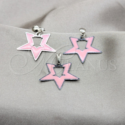 Stainless Steel Earring and Pendant Adult Set, Star Design, Pink Enamel Finish, Steel Finish, 10.63.0643
