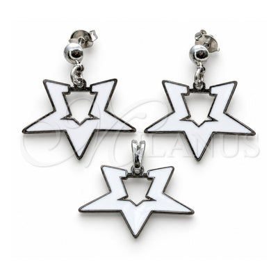 Stainless Steel Earring and Pendant Adult Set, Star Design, White Enamel Finish, Steel Finish, 10.63.0644