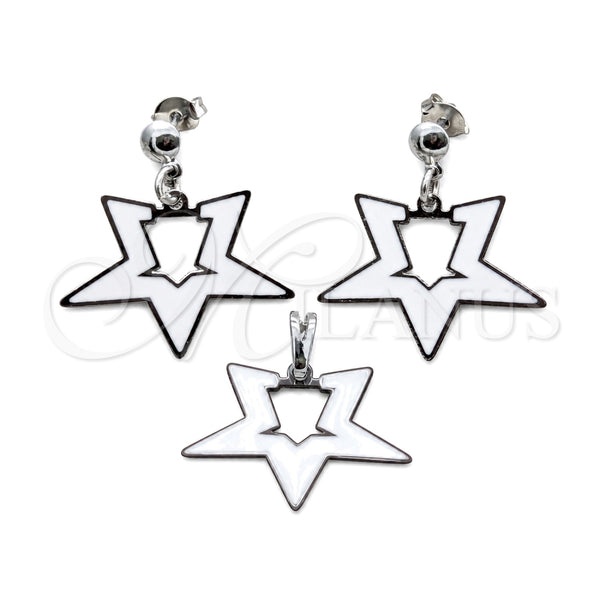 Stainless Steel Earring and Pendant Adult Set, Star Design, White Enamel Finish, Steel Finish, 10.63.0644