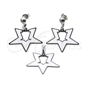 Stainless Steel Earring and Pendant Adult Set, Star Design, White Enamel Finish, Steel Finish, 10.63.0644