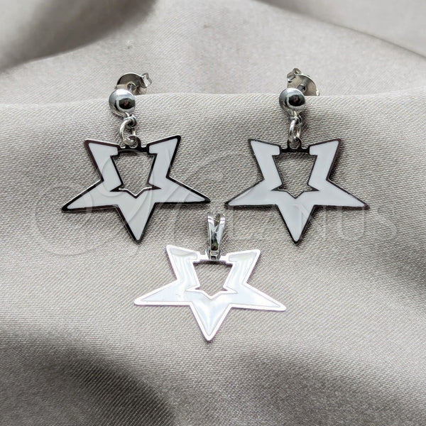 Stainless Steel Earring and Pendant Adult Set, Star Design, White Enamel Finish, Steel Finish, 10.63.0644