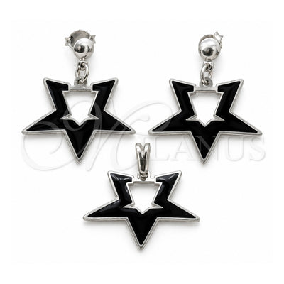 Stainless Steel Earring and Pendant Adult Set, Star Design, Black Enamel Finish, Steel Finish, 10.63.0645