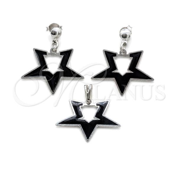 Stainless Steel Earring and Pendant Adult Set, Star Design, Black Enamel Finish, Steel Finish, 10.63.0645