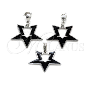 Stainless Steel Earring and Pendant Adult Set, Star Design, Black Enamel Finish, Steel Finish, 10.63.0645