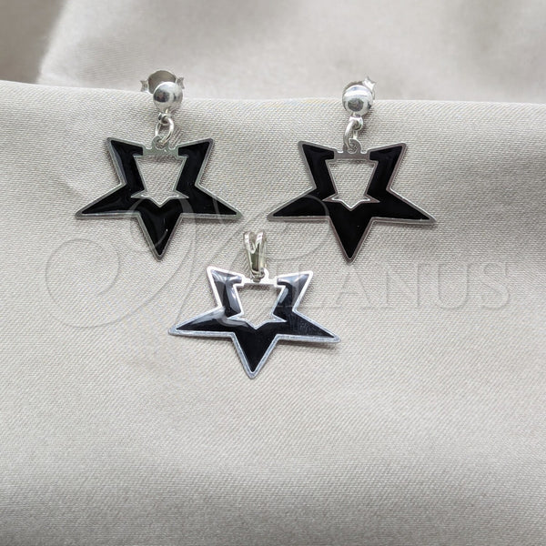 Stainless Steel Earring and Pendant Adult Set, Star Design, Black Enamel Finish, Steel Finish, 10.63.0645