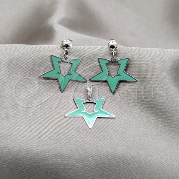 Stainless Steel Earring and Pendant Adult Set, Star Design, Green Enamel Finish, Steel Finish, 10.63.0646