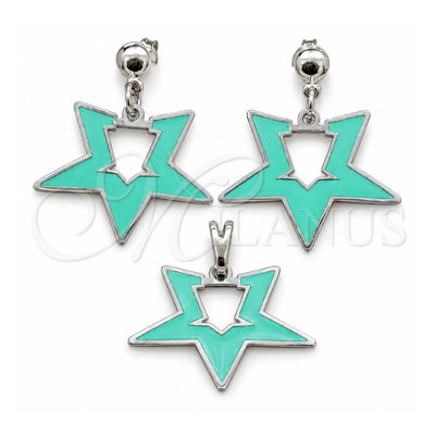 Stainless Steel Earring and Pendant Adult Set, Star Design, Green Enamel Finish, Steel Finish, 10.63.0646