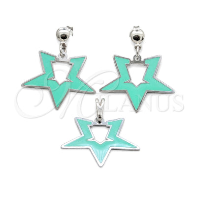 Stainless Steel Earring and Pendant Adult Set, Star Design, Green Enamel Finish, Steel Finish, 10.63.0646 for wholesale, main product view