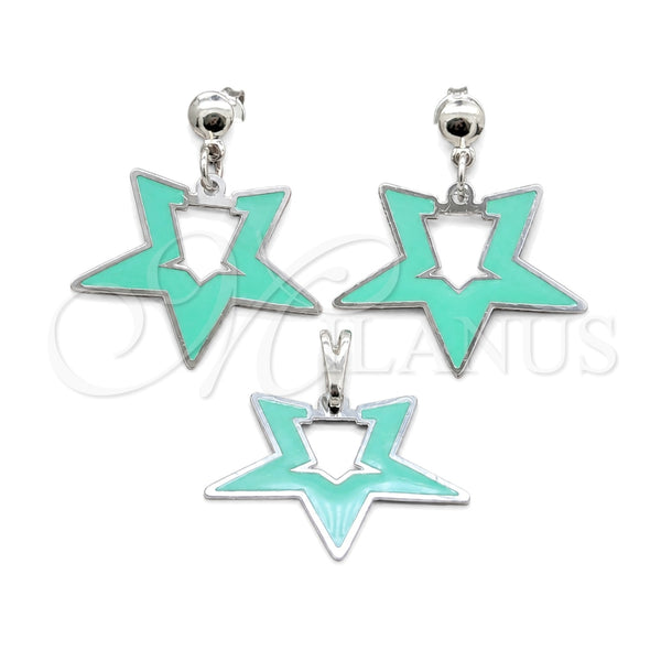 Stainless Steel Earring and Pendant Adult Set, Star Design, Green Enamel Finish, Steel Finish, 10.63.0646