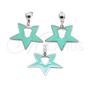 Stainless Steel Earring and Pendant Adult Set, Star Design, Green Enamel Finish, Steel Finish, 10.63.0646